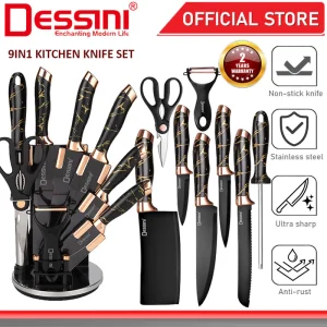 DESSINI ITALY 9 IN 1 Stainless Steel Knife Cleaver Scissor Peeler Cutting Storage Holder Cutlery Organizer Pisau Gunting