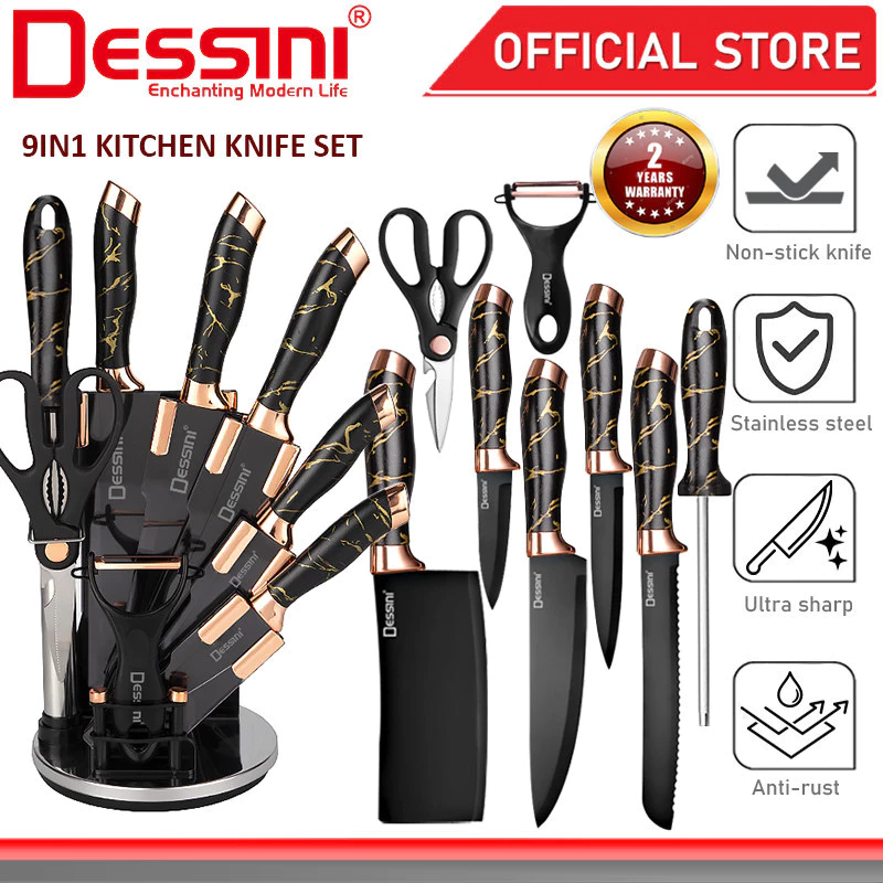 DESSINI ITALY 9 IN 1 Stainless Steel Knife Cleaver Scissor Peeler Cutting Storage Holder Cutlery Organizer Pisau Gunting